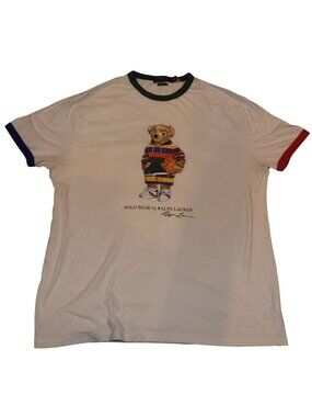 Polo Ralph Lauren Basketball Bear White Graphic Ringer T-Shirt Medium Unisex